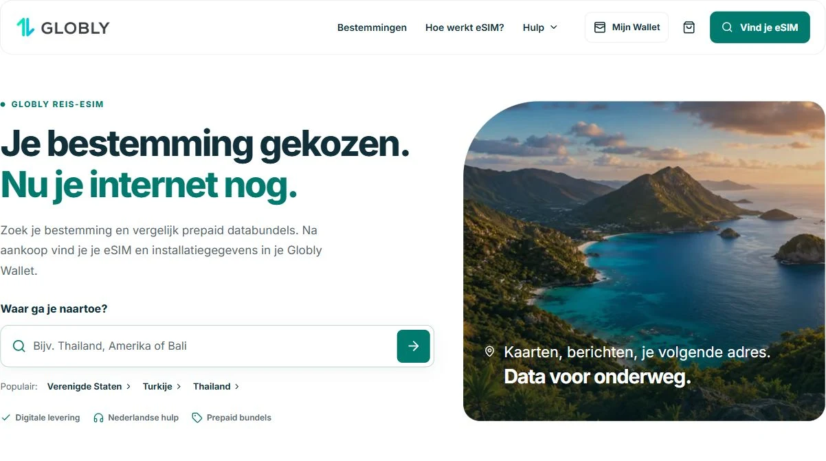 Globly-homepage met de bestemmingszoeker naast een reisfoto